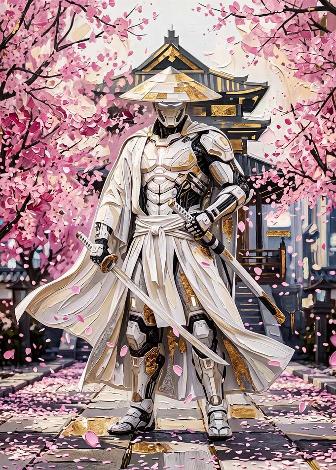 Futuristic Samurai in Cherry Blossom Garden