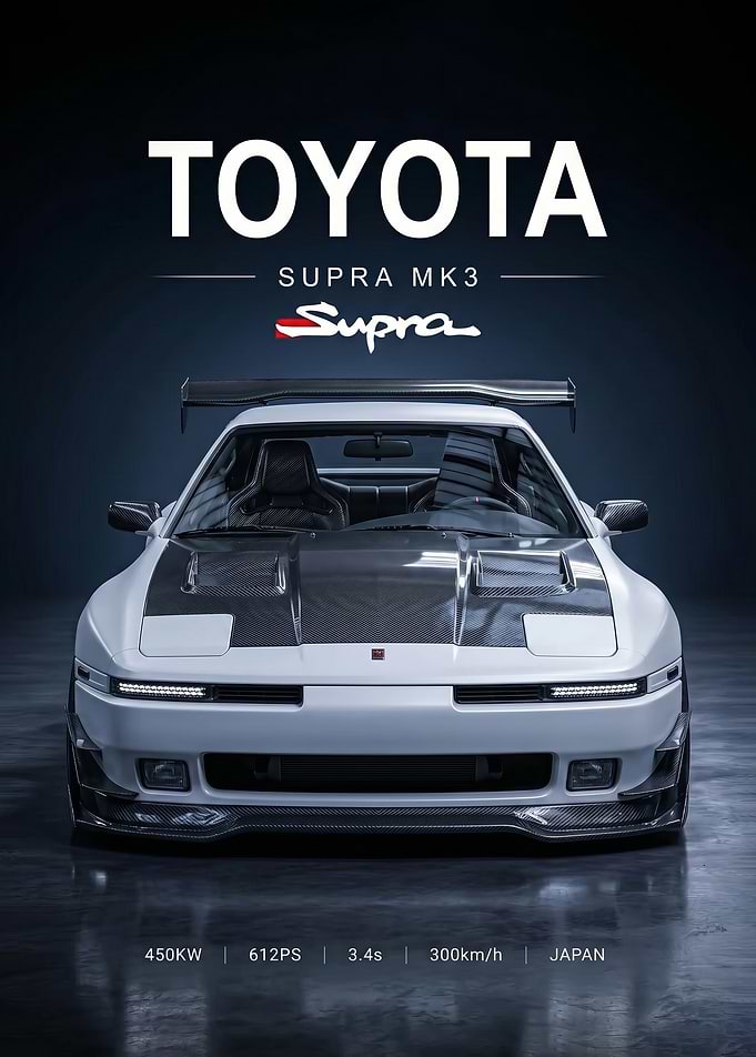 white sleek Toyota Supra MK3 car Poster