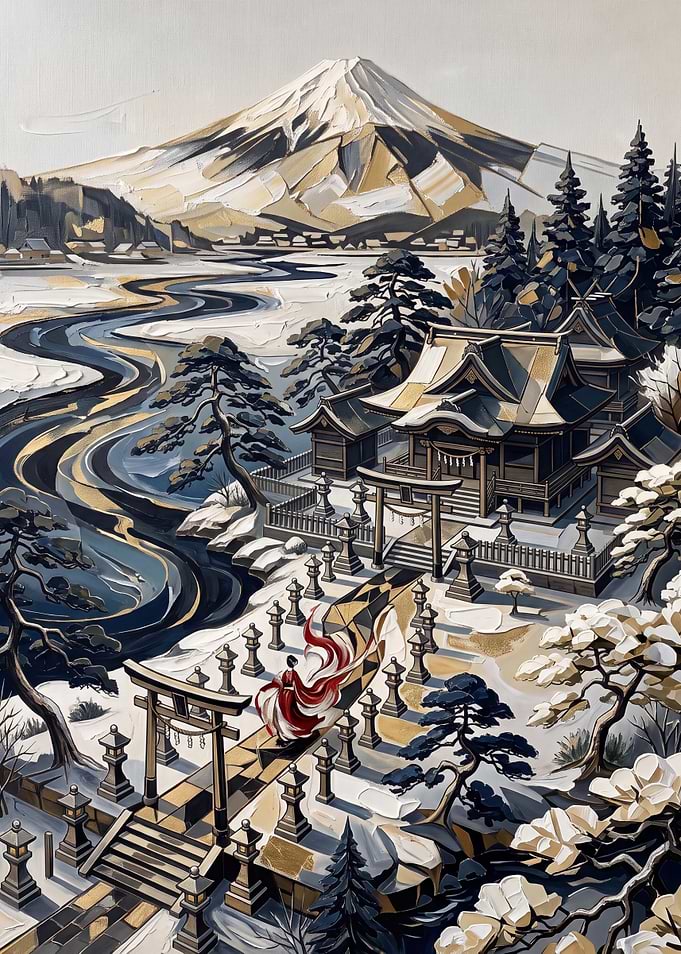 Winter Shrine with Mount Fuji