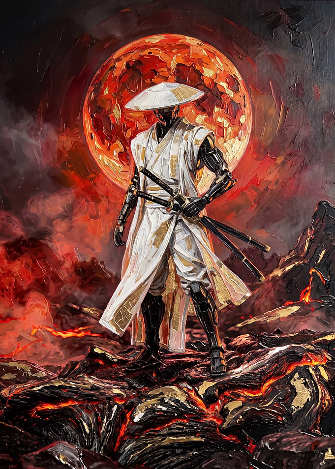 Cybernetic Samurai on Volcanic Landscape