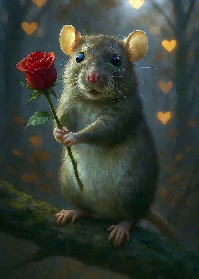 Cute Mouse Holding a Red Rose