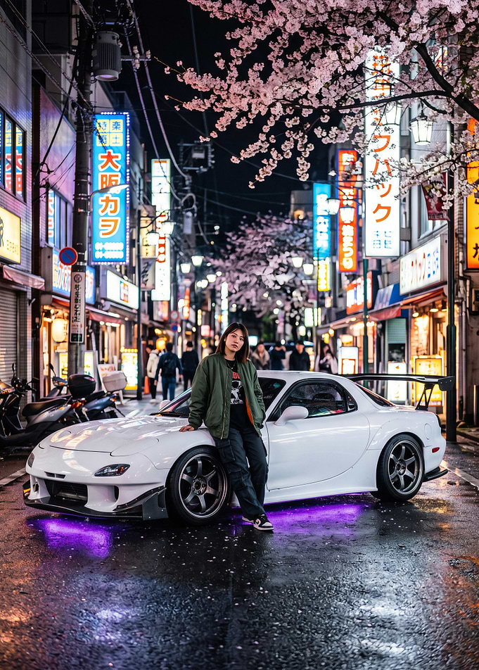 Woman Posing with White Mazda RX-7