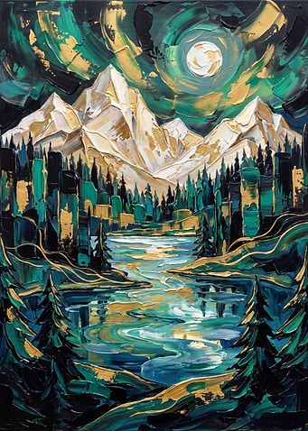 Abstract Gold and Teal Mountain Landscape
