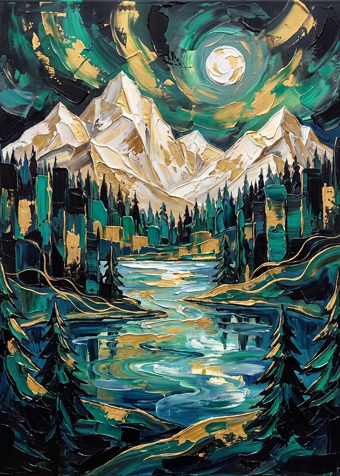 Abstract Gold and Teal Mountain Landscape