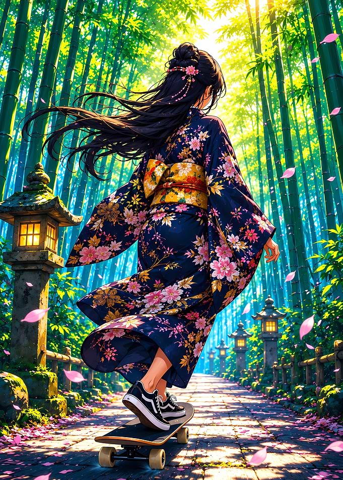 Kimono Rider — Gliding Through the Bamboo Grove