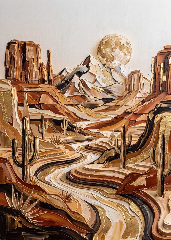 Textured Desert Landscape with Golden Moon