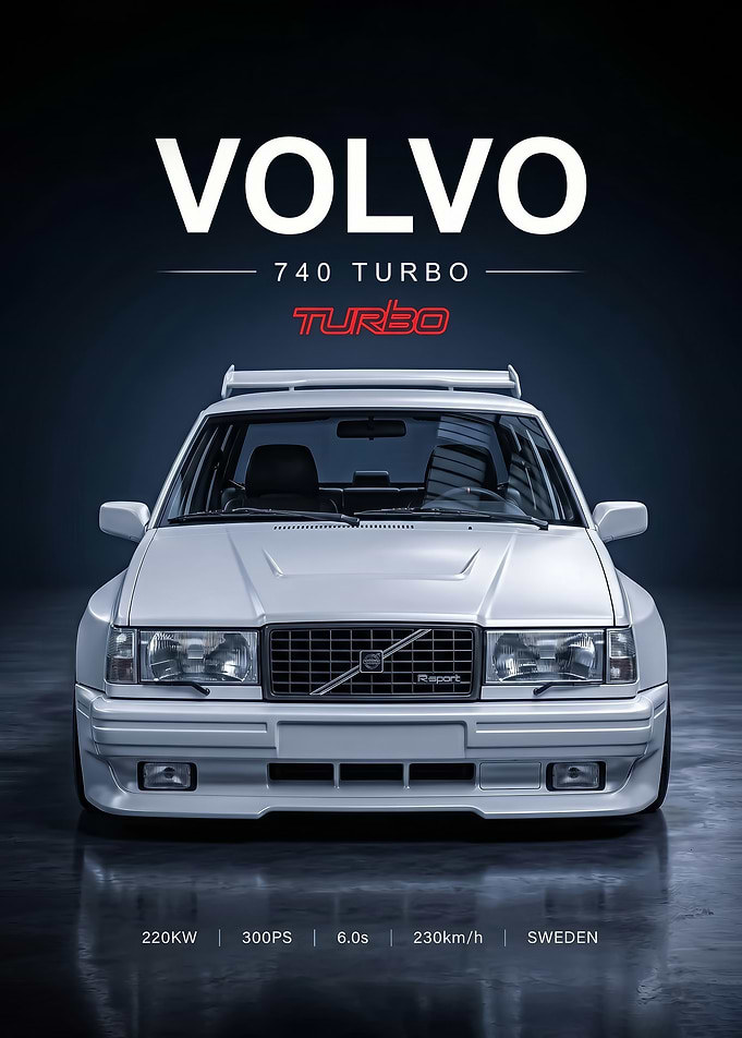 sleek white Volvo 740 Turbo car Poster