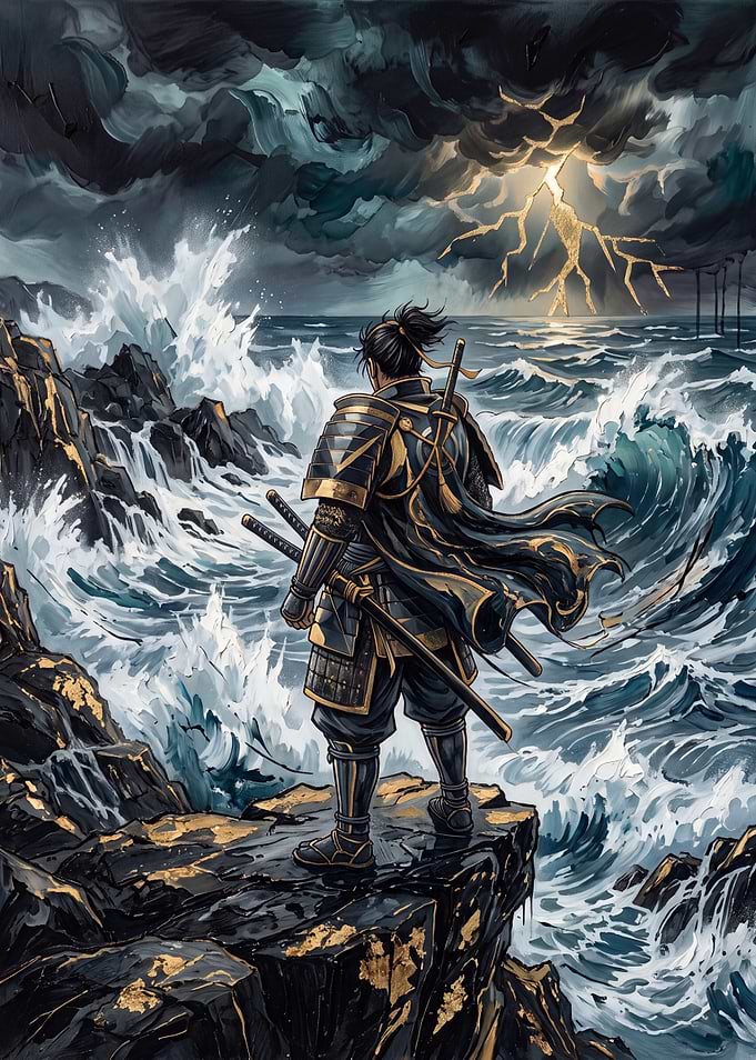 Samurai Standing Before Stormy Sea