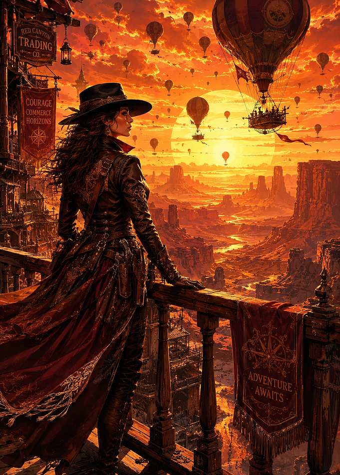 Steampunk Cowgirl Overlooking Canyon Sunset