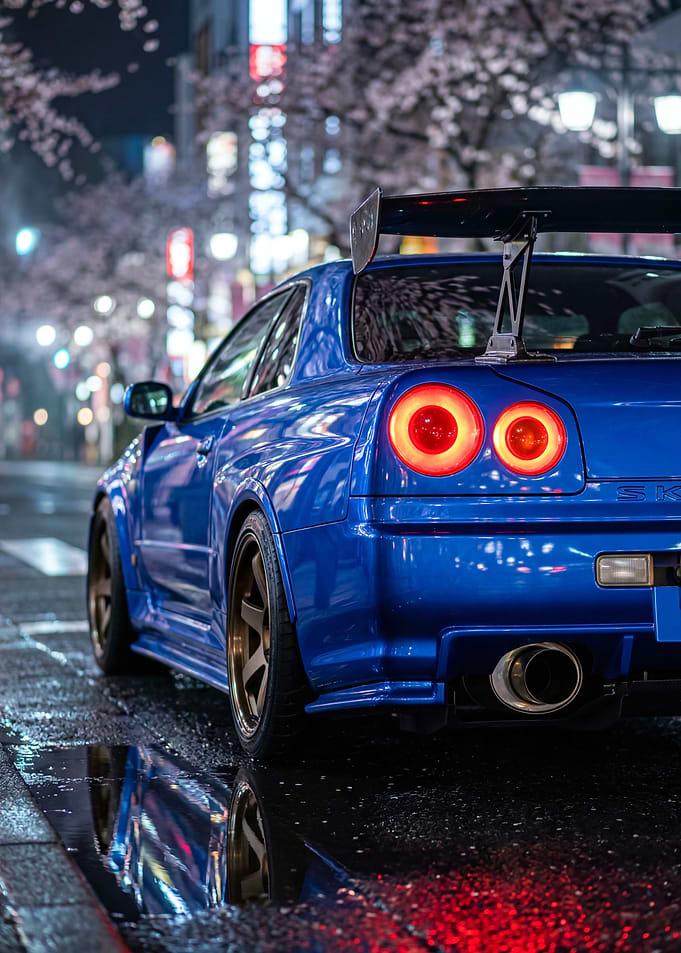 Blue Nissan Gtr R34 Cherry blossom