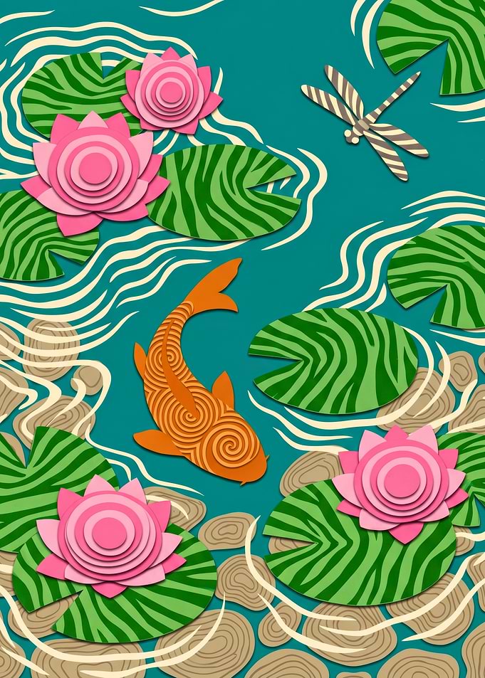 Orange Koi Fish Pink Lotus Flowers Dragonfly Pond Paper Cutout Illustration