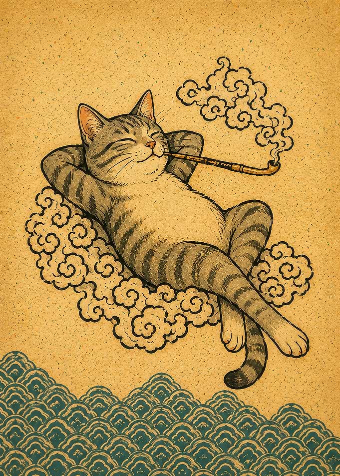 Relaxed Tabby Cat Smoking Pipe