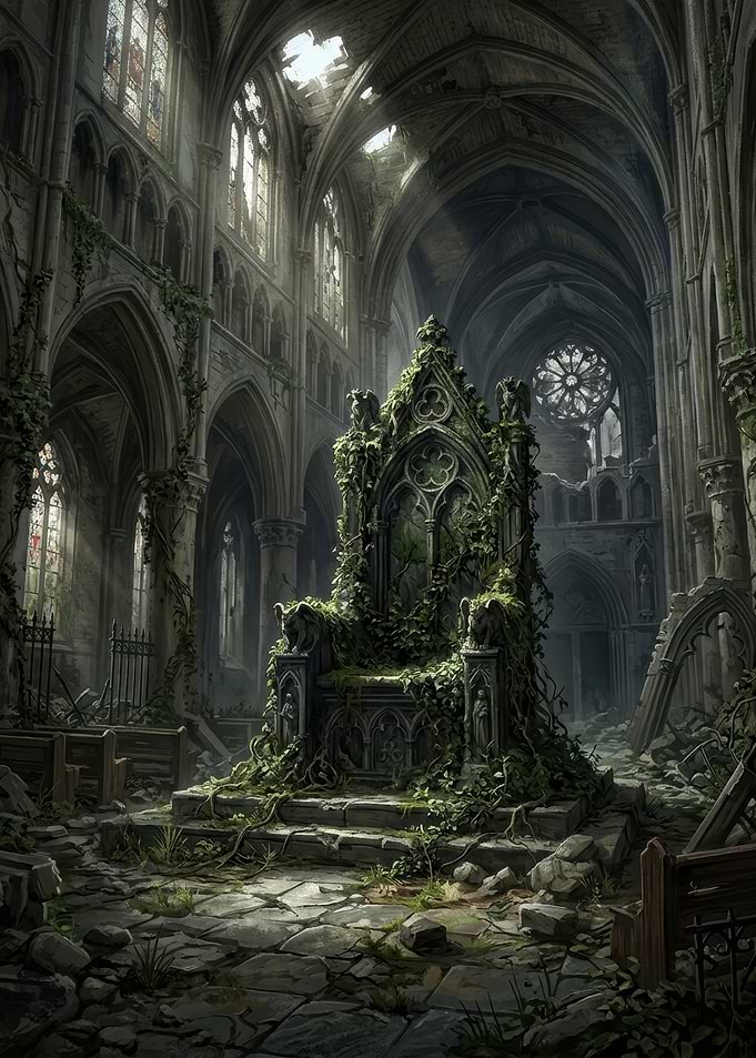 Overgrown Throne in Ruined Cathedral