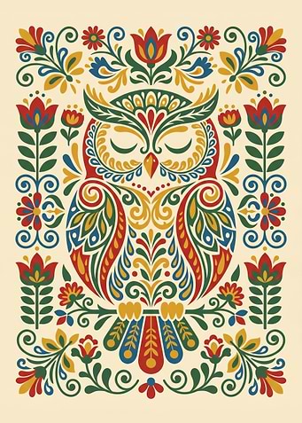 Traditional Nordic Kurbits Folk Art Owl Illustration