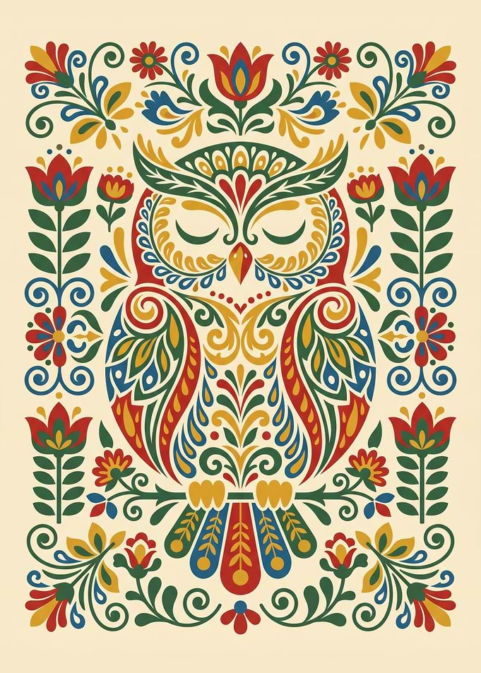 Traditional Nordic Kurbits Folk Art Owl Illustration