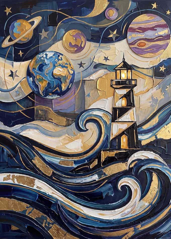 Celestial Lighthouse Over Swirling Ocean