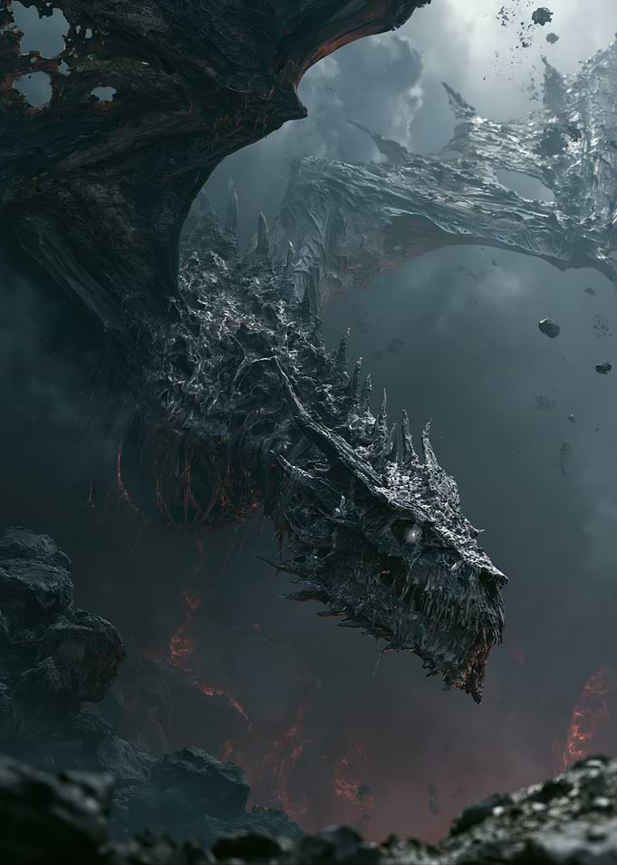 Dark Obsidian Dragon in Volcanic Landscape