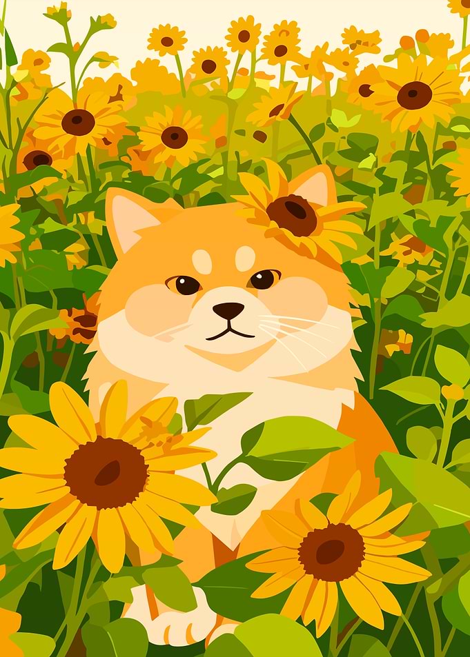 Shiba Inu in Sunflower Field