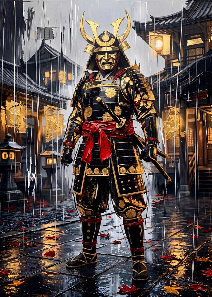 Golden Samurai Warrior in Rain