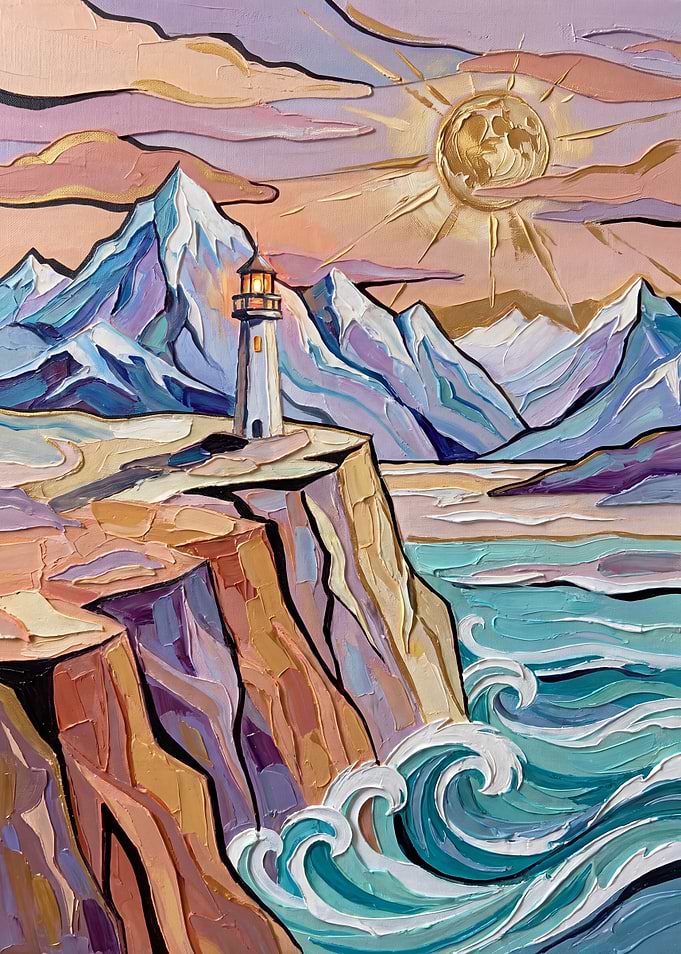 Textured Oil Painting of Coastal Lighthouse