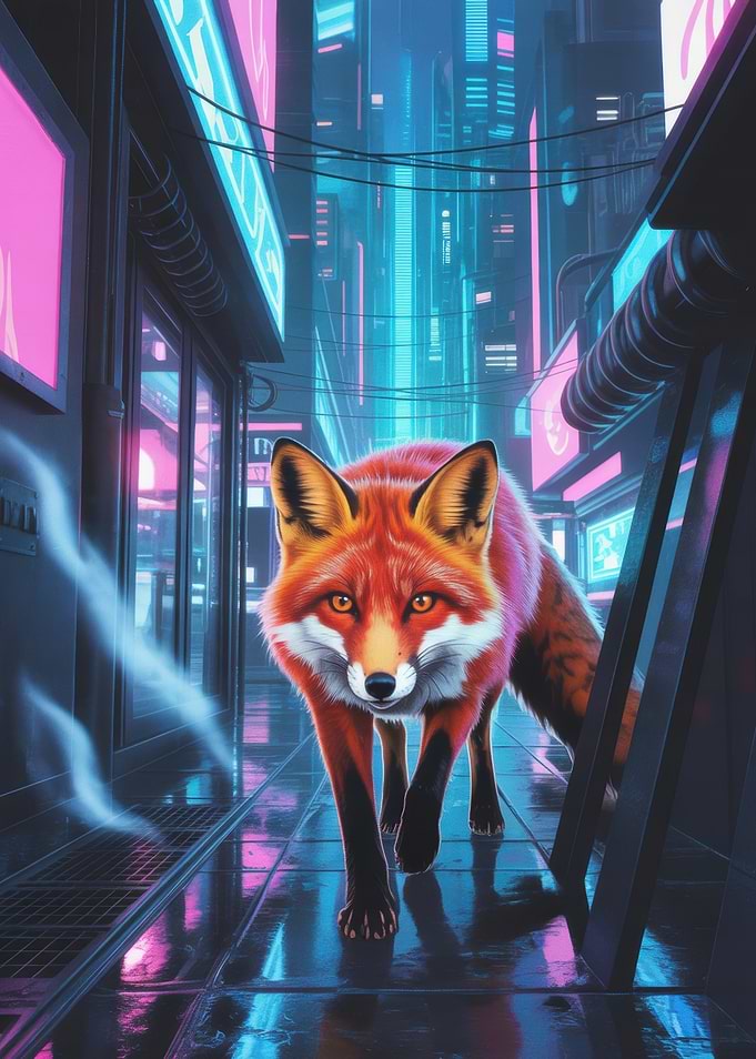 Cyberpunk Fox in Neon City Alley