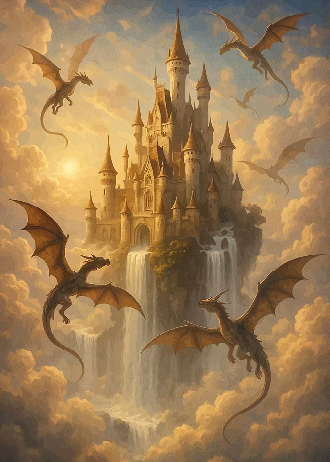 Floating Castle with Flying Dragons