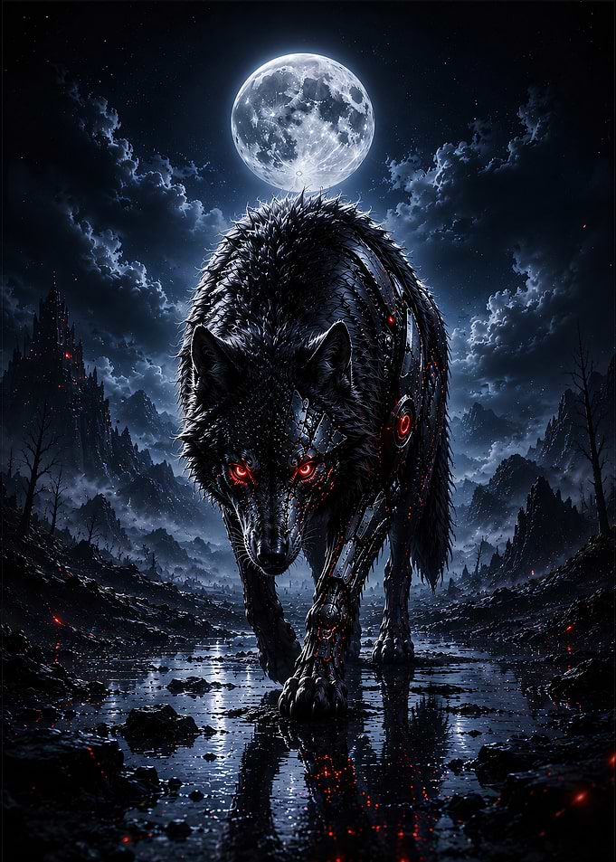 Cybernetic Wolf Under Full Moon