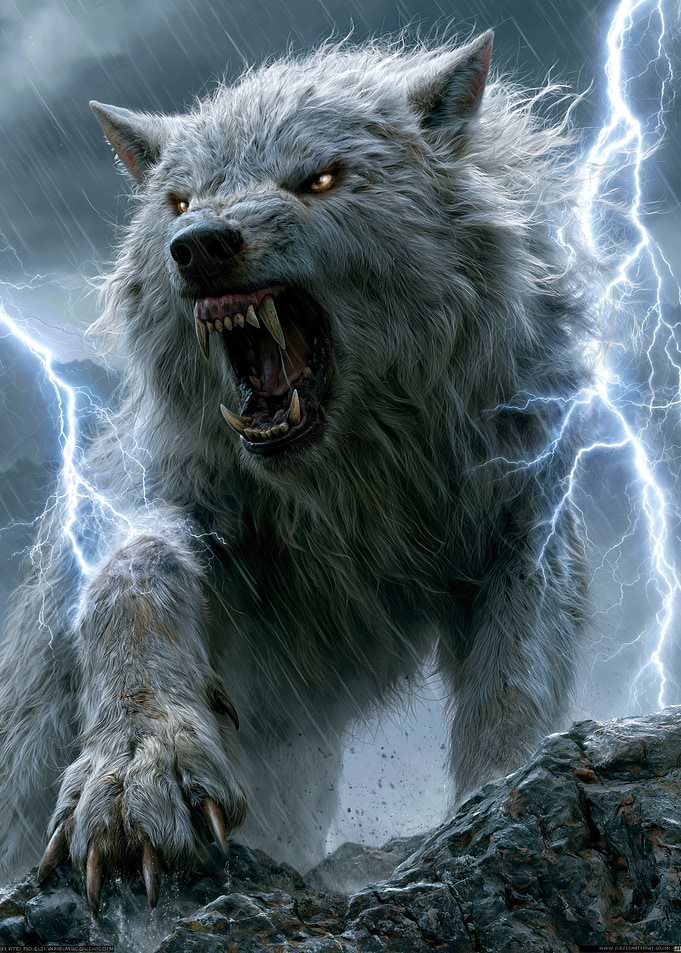 Fierce White Dire Wolf in Thunderstorm