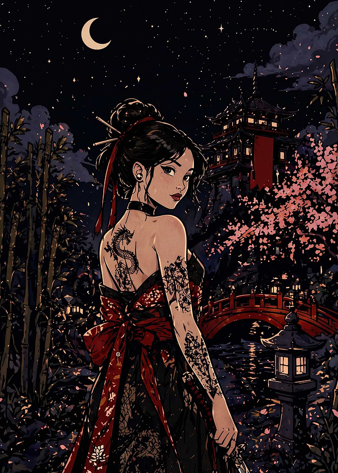 Tattooed Geisha in Night Garden