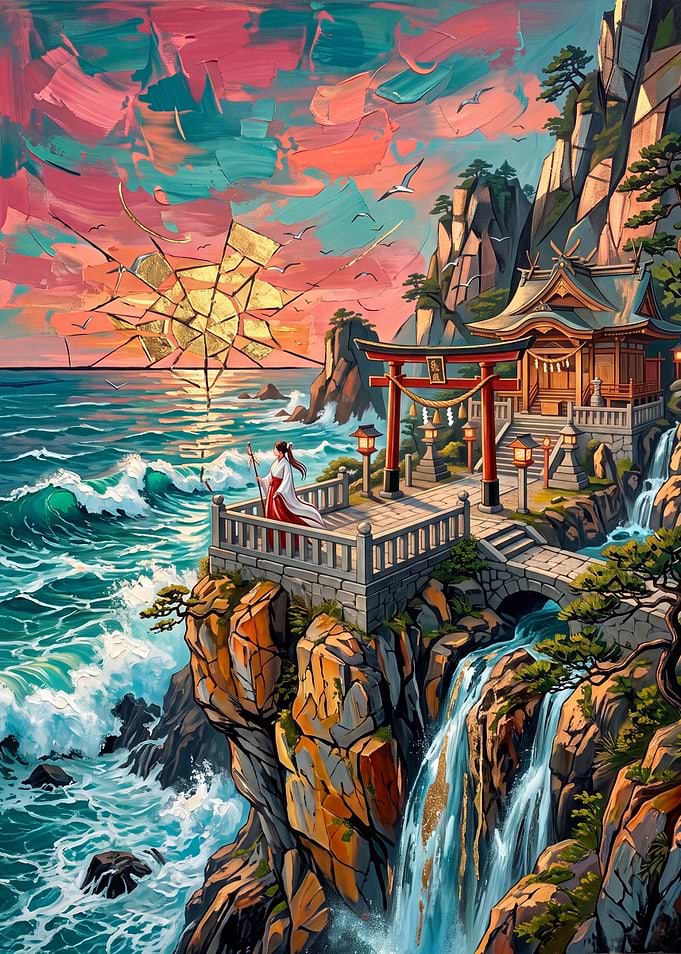 Shrine Maiden at Coastal Waterfall
