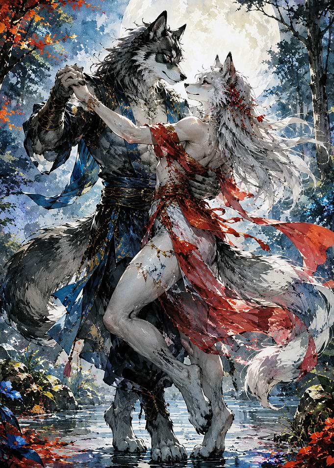 Wolf Couple Dancing in Moonlight