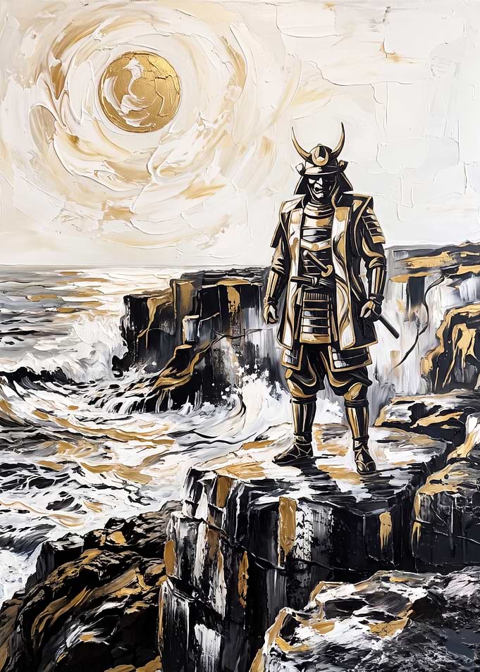 Golden Samurai Standing on Coastal Cliffs