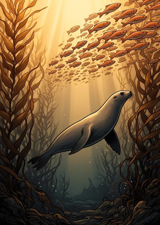 Seal Swimming in Kelp Forest