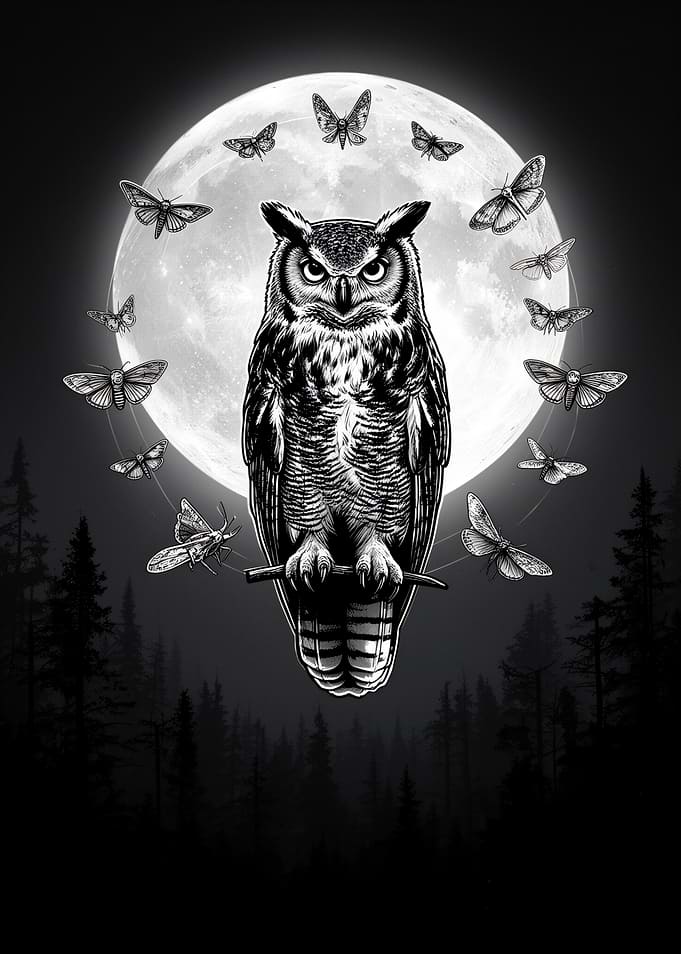 Owl and Moths Under Full Moon