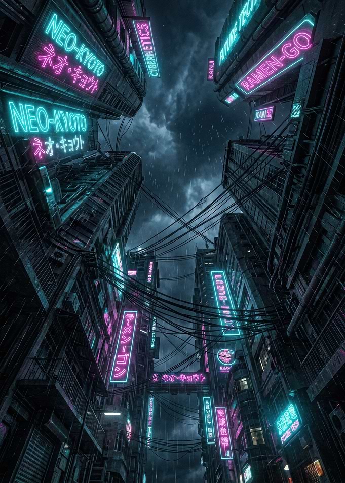 Neon Neo-Kyoto Cyberpunk Cityscape