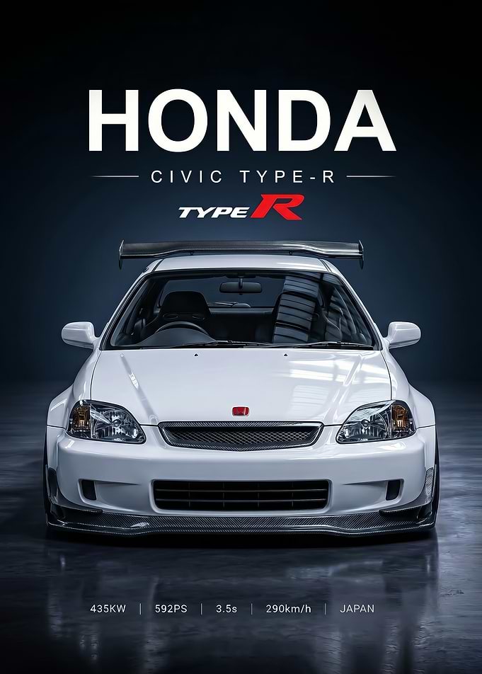white sleek Honda Civic Type-R ek9 car Poster