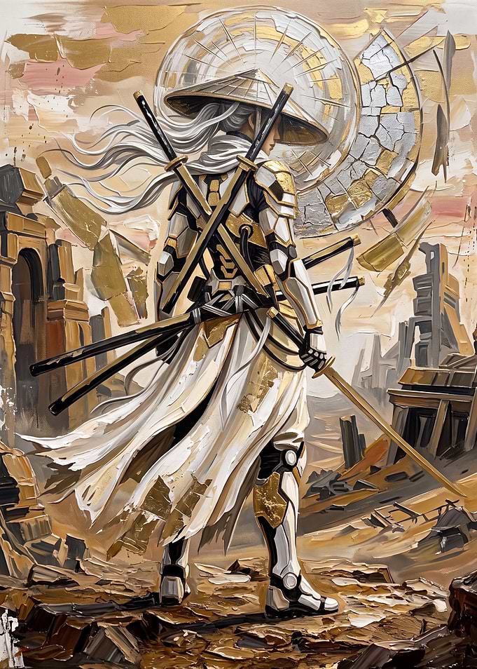 Futuristic Samurai Warrior in Ruins