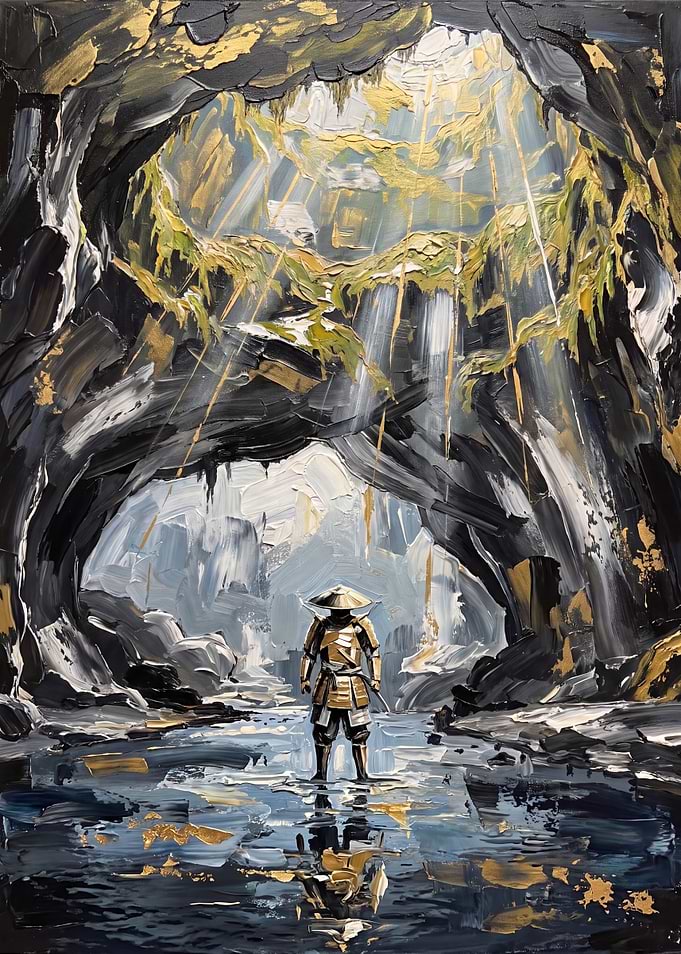 Samurai Standing in a Sunlit Cave