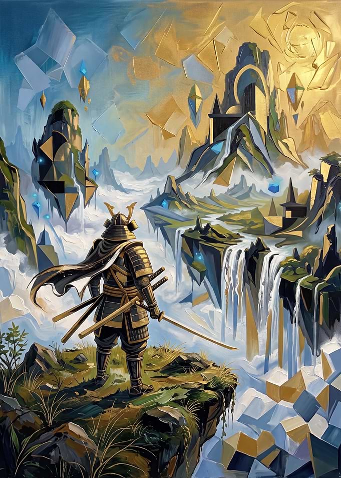 Samurai Standing Before Floating Fantasy Realm