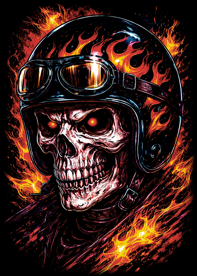 Flaming Skull Biker Helmet Portrait