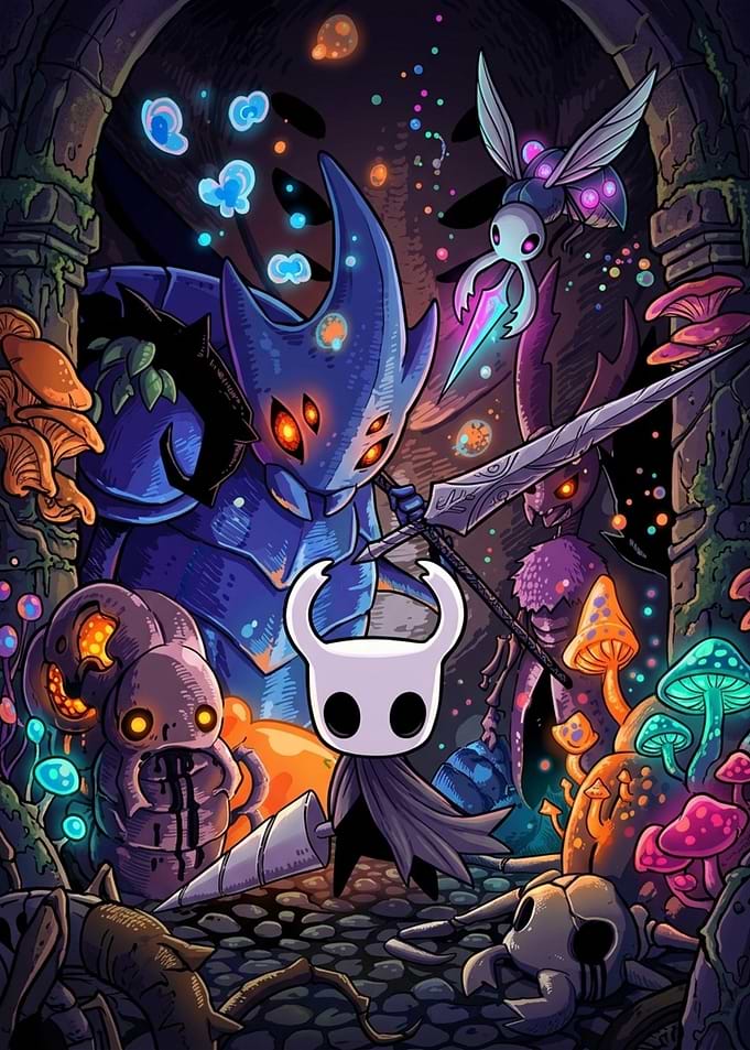 Hollow Knight Characters in Bioluminescent Cave