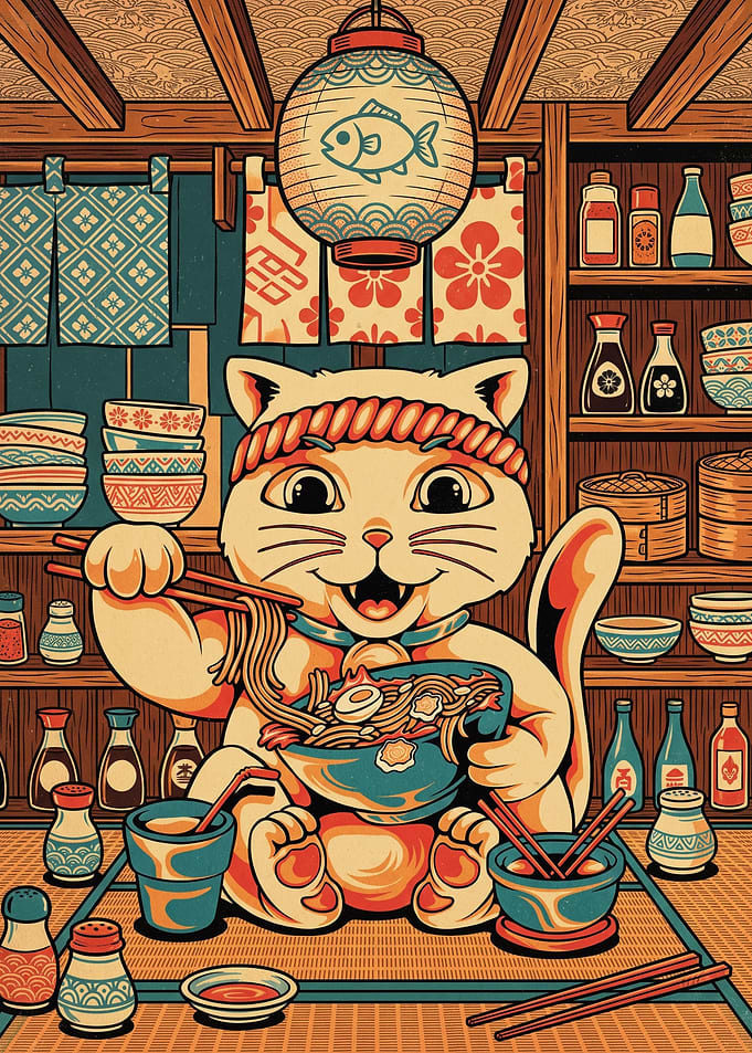 Cute Cat Eating Ramen Illustration