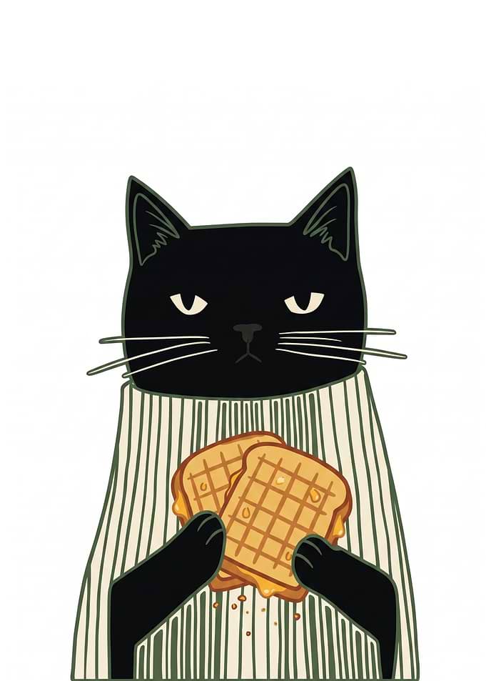 Grumpy Black Cat Eating Grilled Cheese