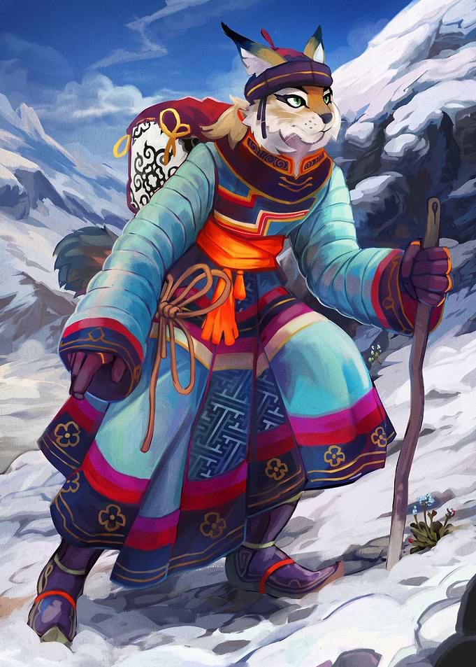 Anthropomorphic Lynx Traveler in Snowy Mountains