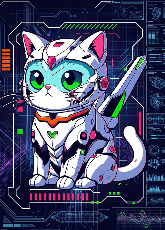 Cybernetic Mecha Cat Anime Illustration