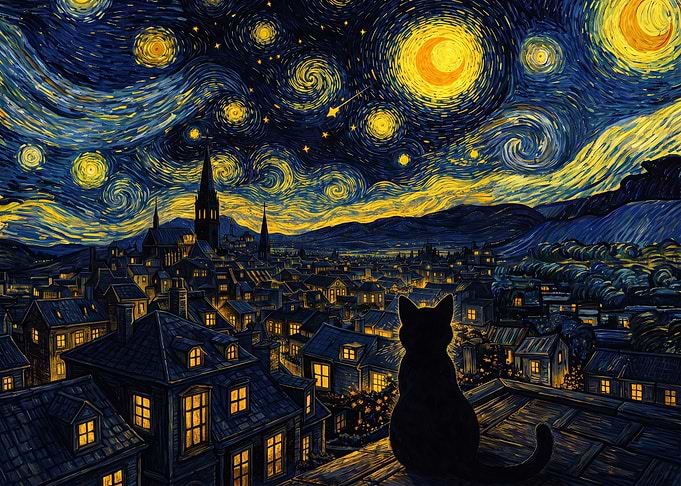 Cat Watching Starry Night Cityscape