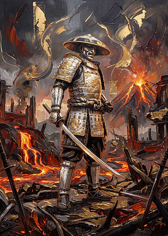 Samurai Warrior Amidst Volcanic Destruction