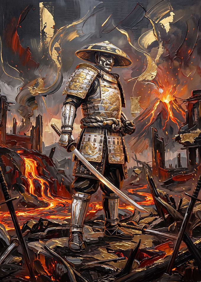 Samurai Warrior Amidst Volcanic Destruction