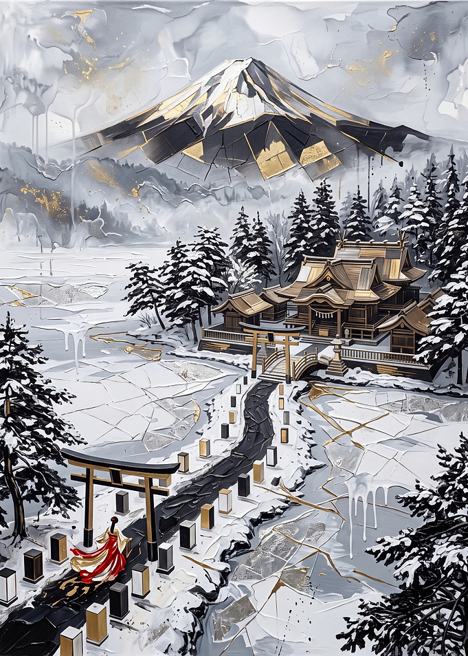Winter Shrine with Mount Fuji