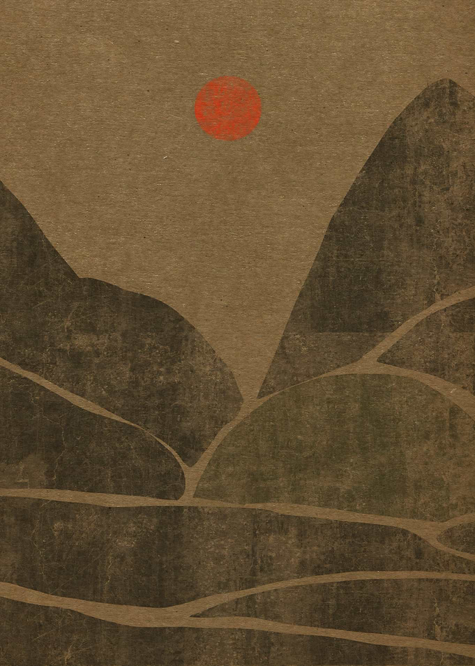 Minimalist Japanese Landscape with Red Sun